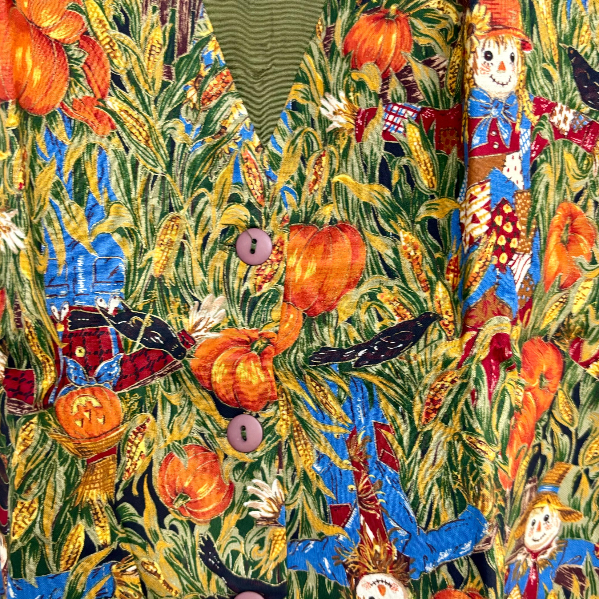 Vintage Halloween print creepy chic vest with pumpkins scarecrows and wheat stalks by Stylera
