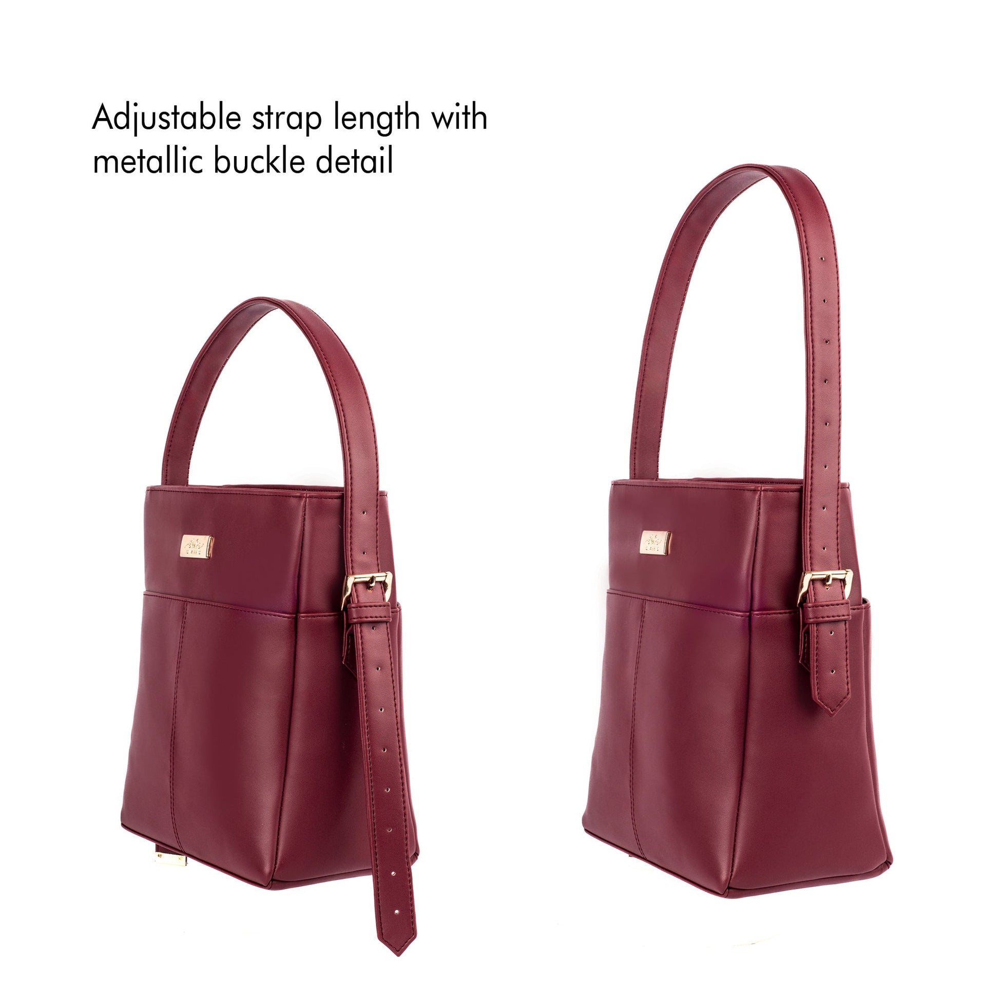 Stylish crimson bucket bag for women with adjustable strap and metallic buckle detail