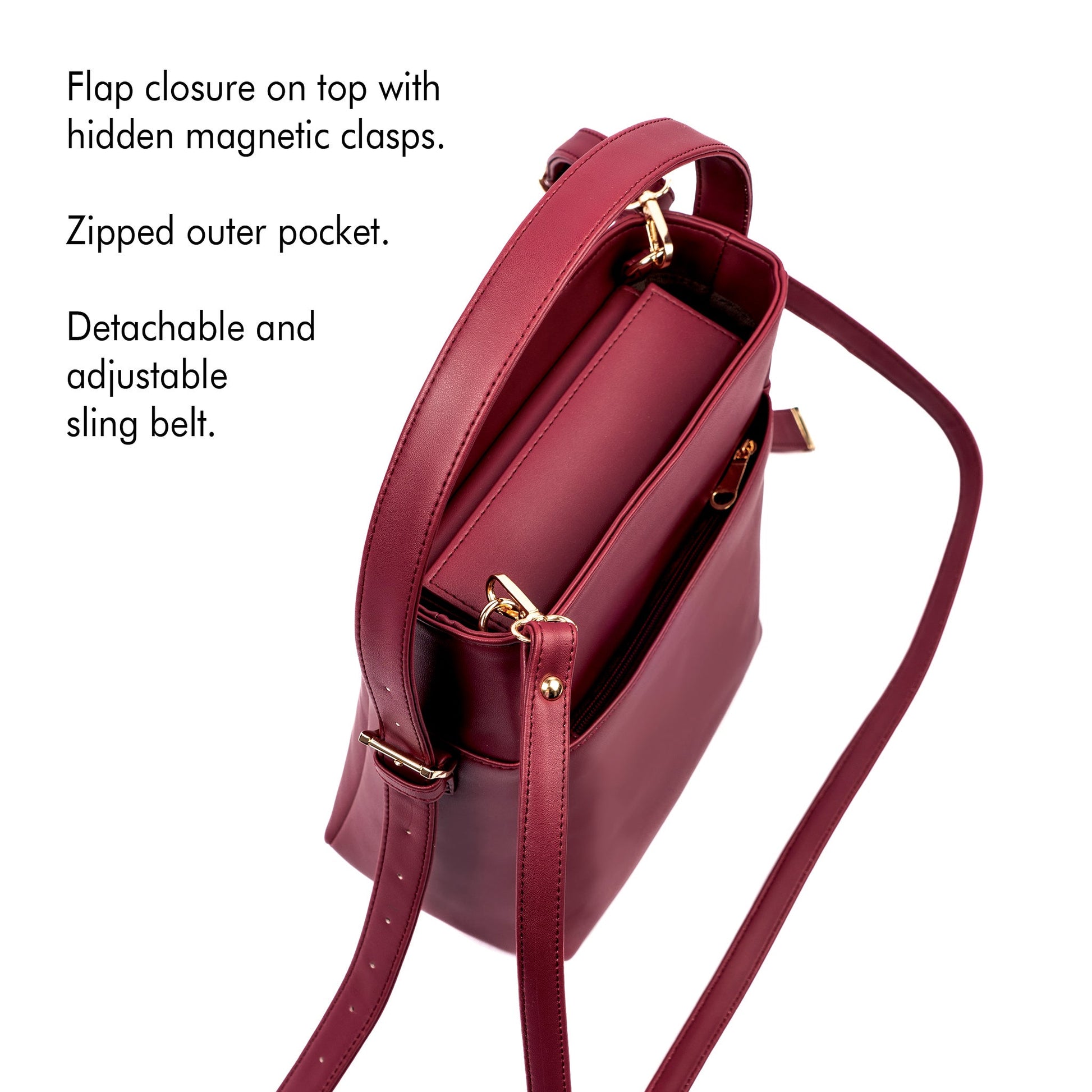 Crimson bucket bag for women with flap closure, zipped pocket, and detachable sling belt