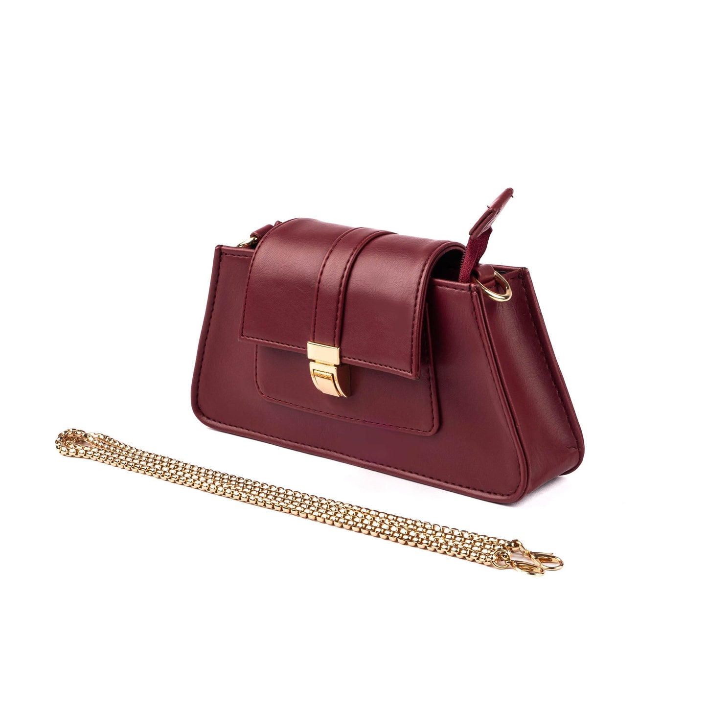 Crimson mini baguette bag by Stylera with a gold chain strap and stylish design