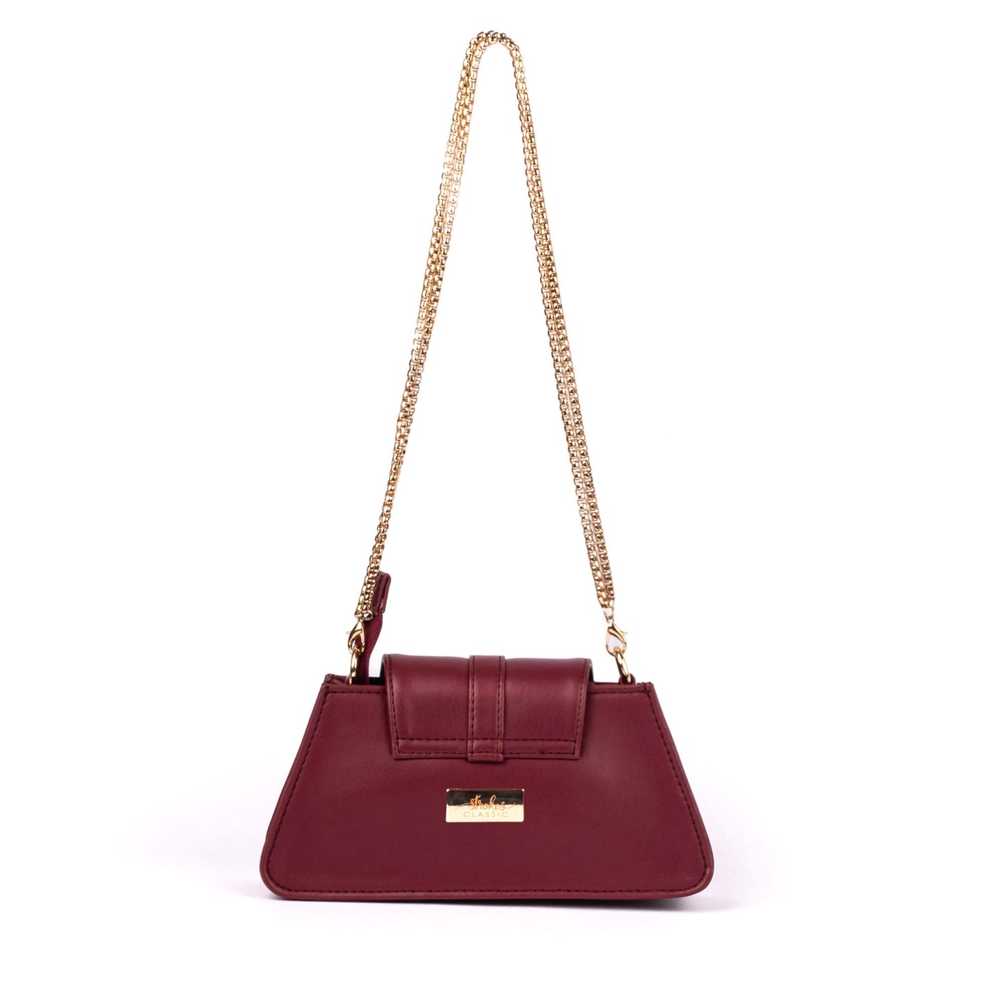 Stylish crimson mini baguette bag with a chain strap from Stylera