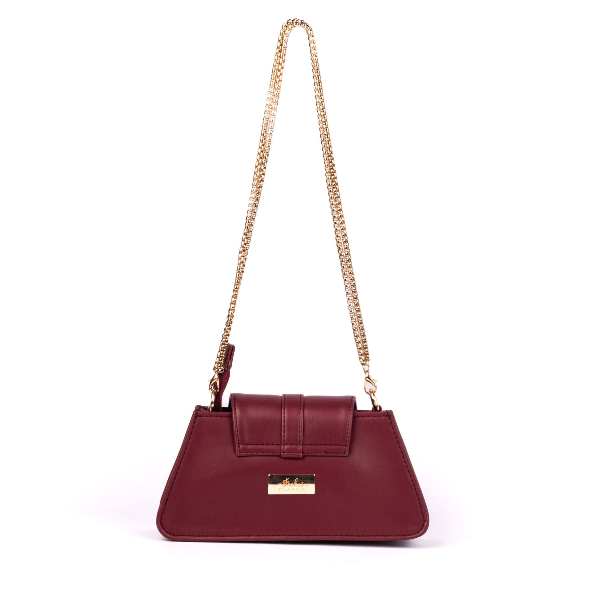 Stylish crimson mini baguette bag with a chain strap from Stylera