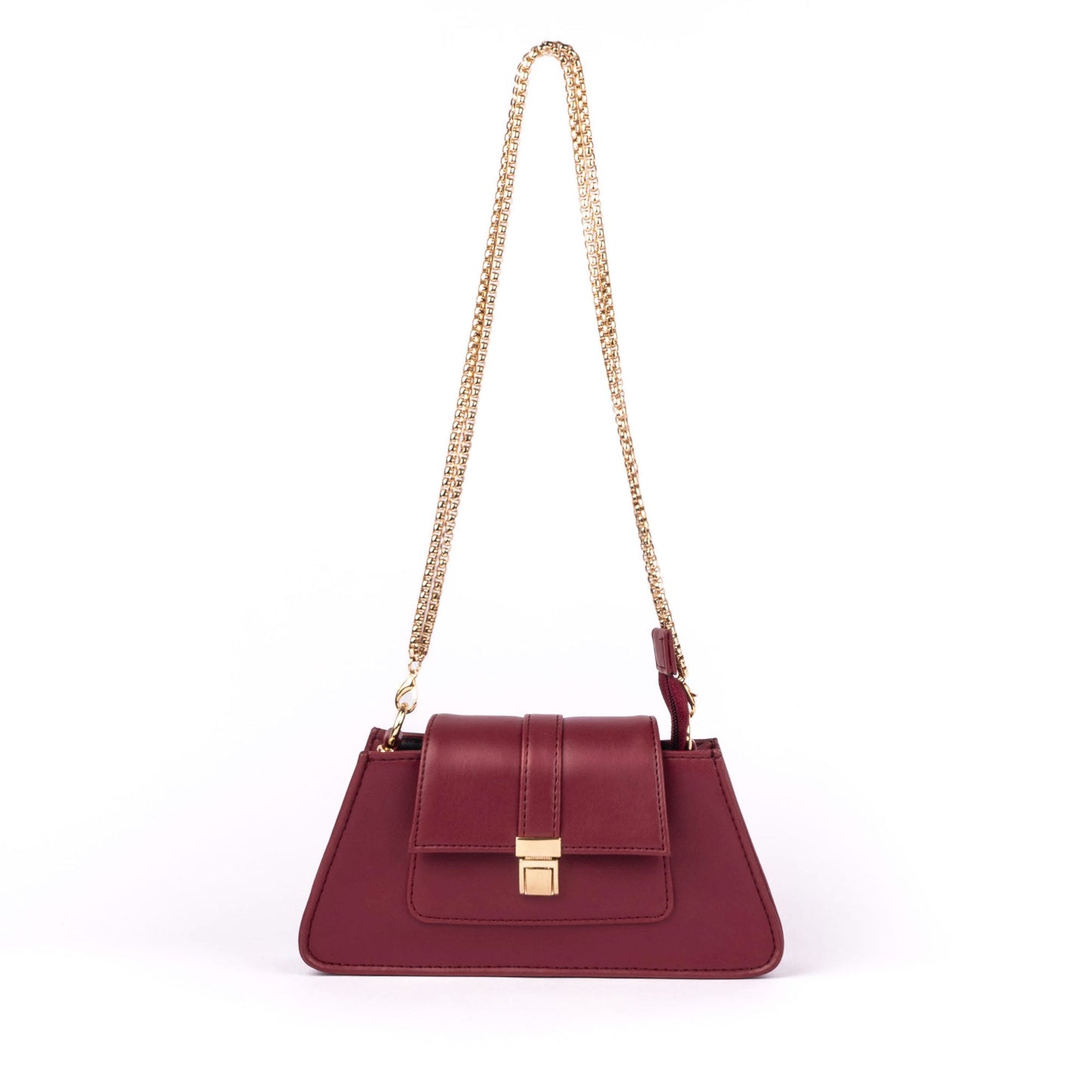 Crimson mini baguette bag by Stylera with gold chain strap and stylish design