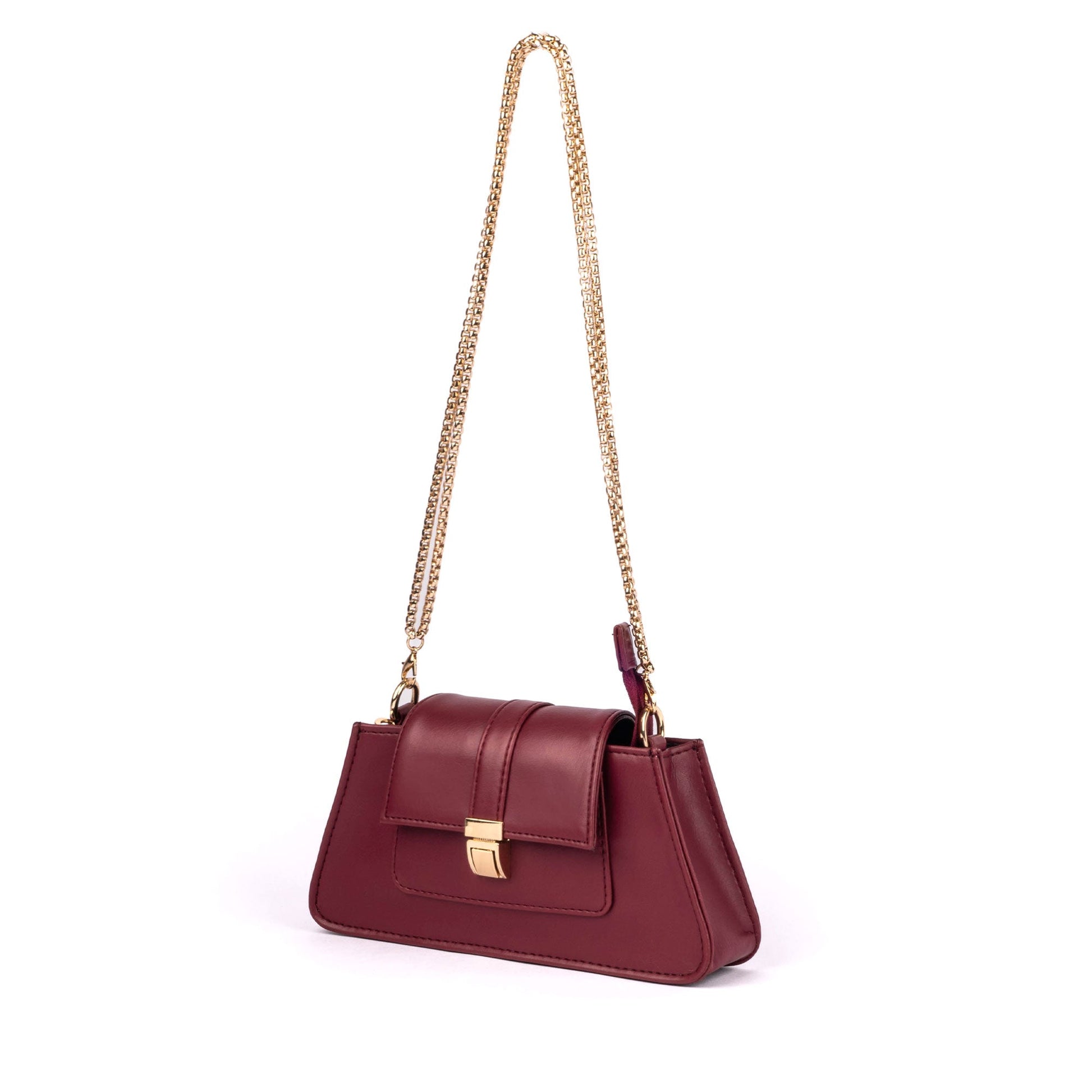 Chic crimson mini baguette bag with a gold chain strap by Stylera