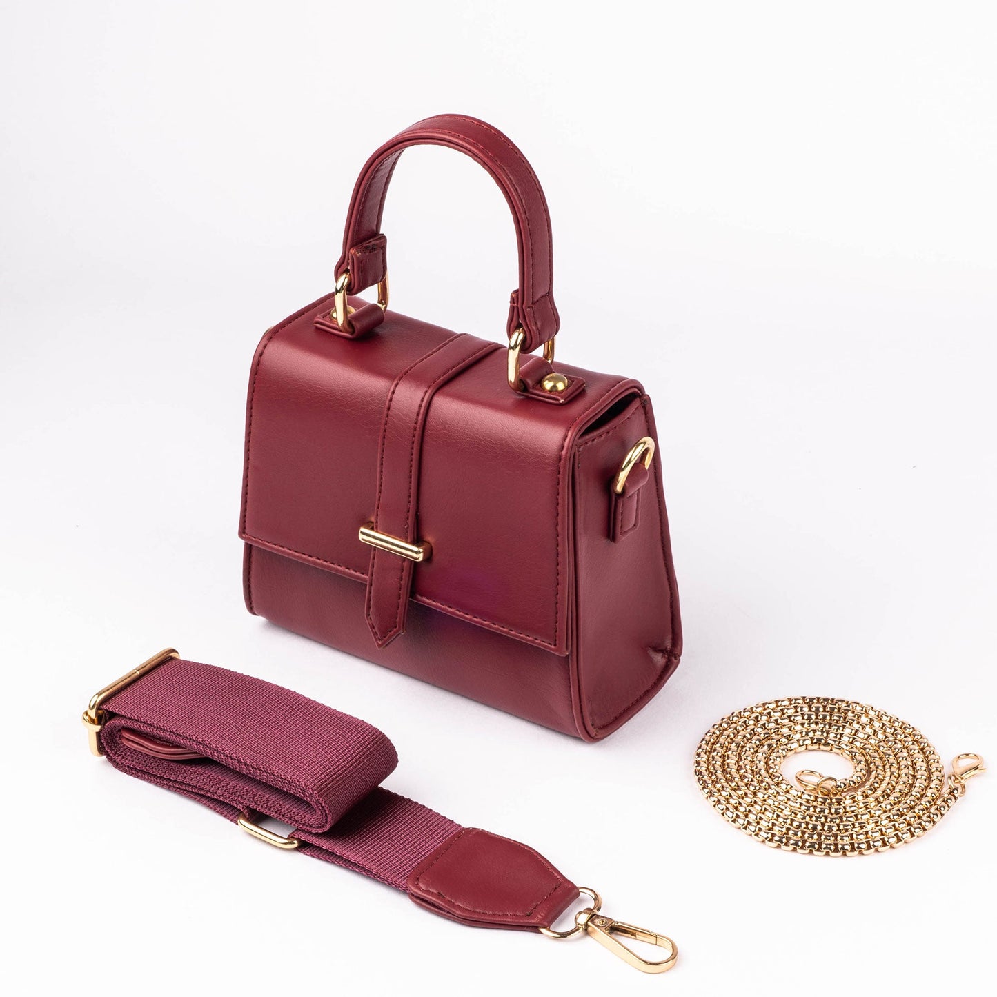 Stylera crimson mini sling bag with detachable straps and gold chain for stylish outings