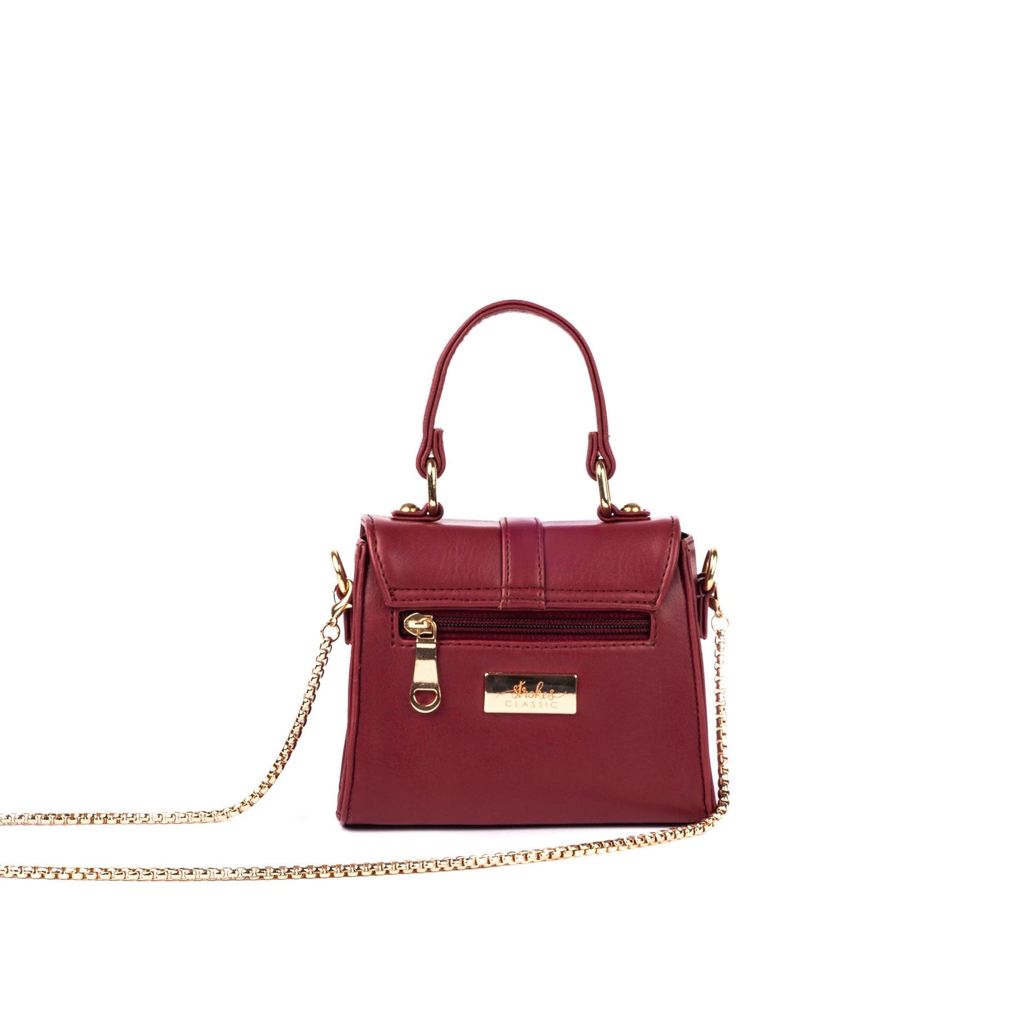 Stylish crimson mini sling bag with gold chain and zipper detail for everyday use