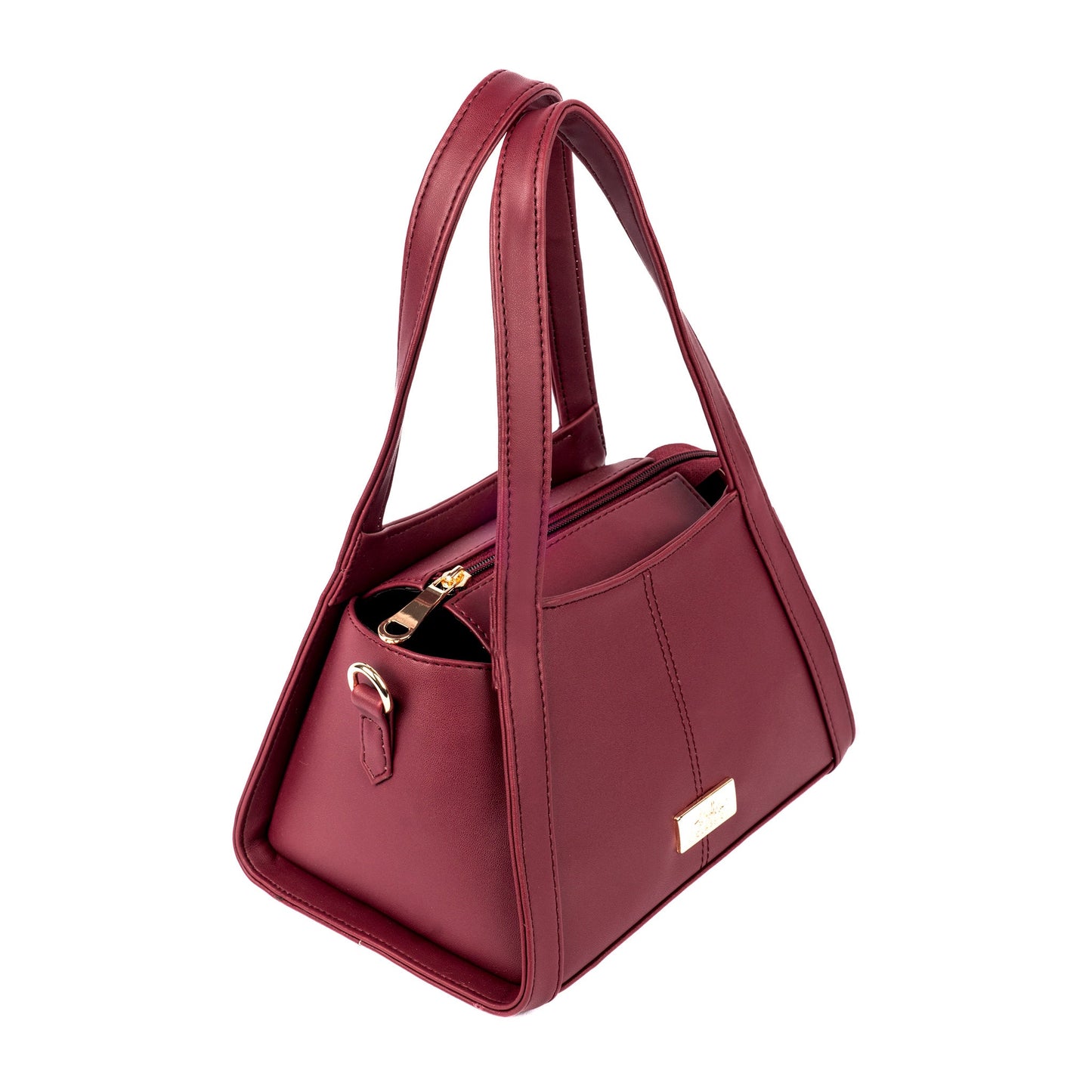 Stylish crimson small handbag with unique shape and zippered compartments for versatile use