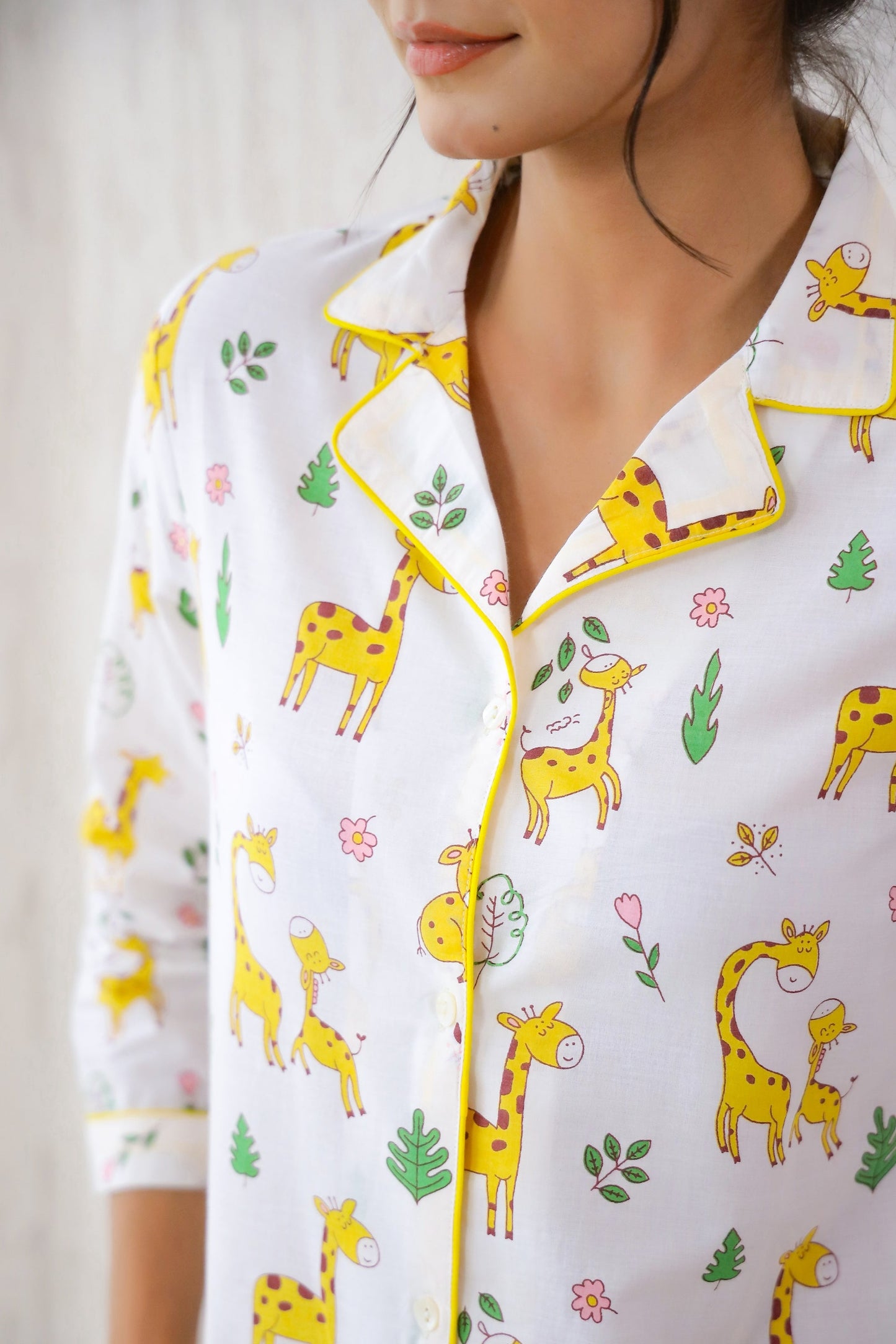 Cute animal print nightwear for women featuring playful giraffe patterns and vibrant colors