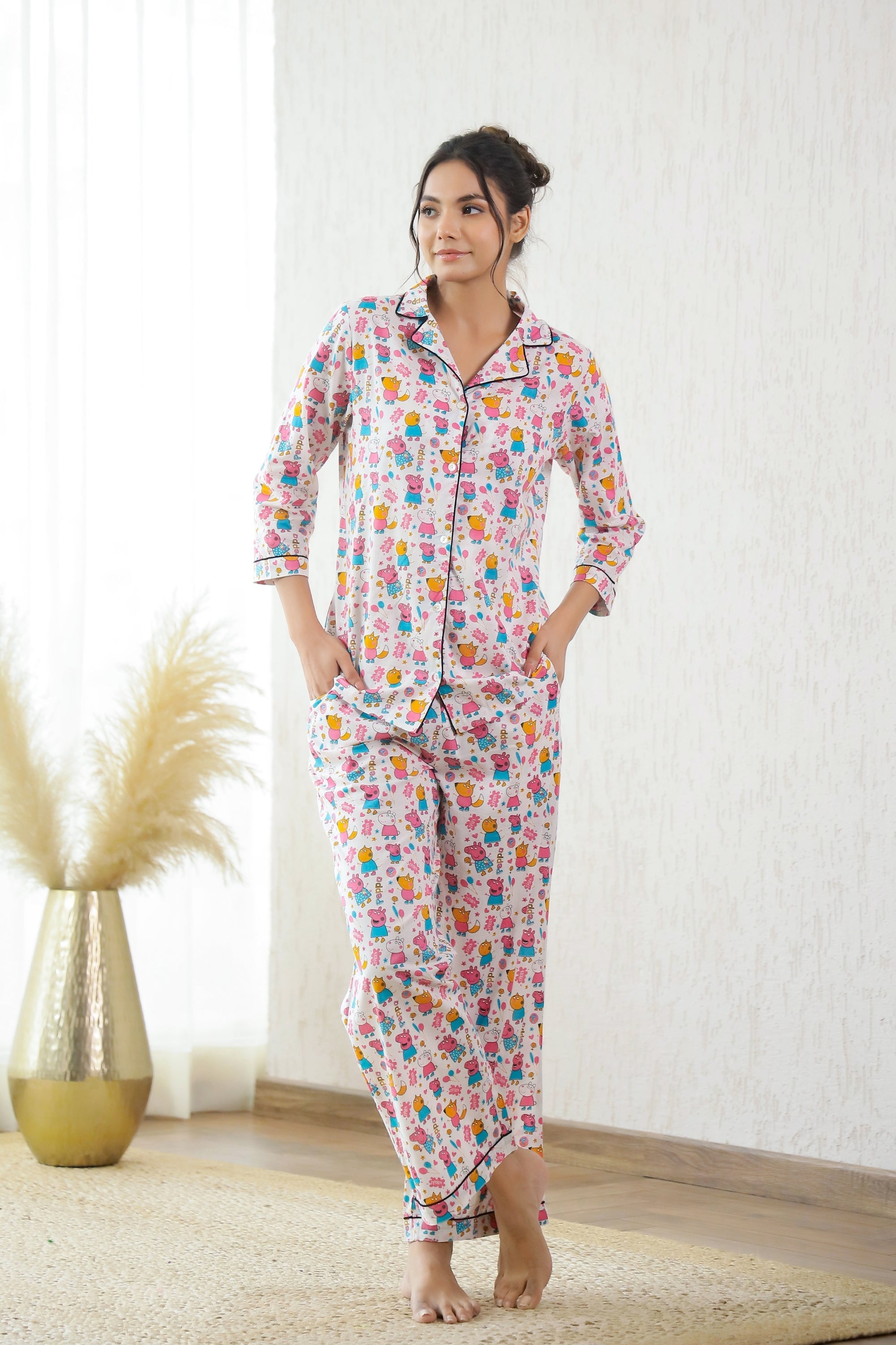 Cute cotton nightwear for women with colorful floral print and classic pajama style by Stylera