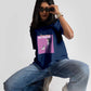 Woman wearing a cute print blue t-shirt for women by Stylera paired with jeans and sunglasses