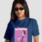 Stylera cute print blue t-shirt for women with girl and dog graphic and big dreams text