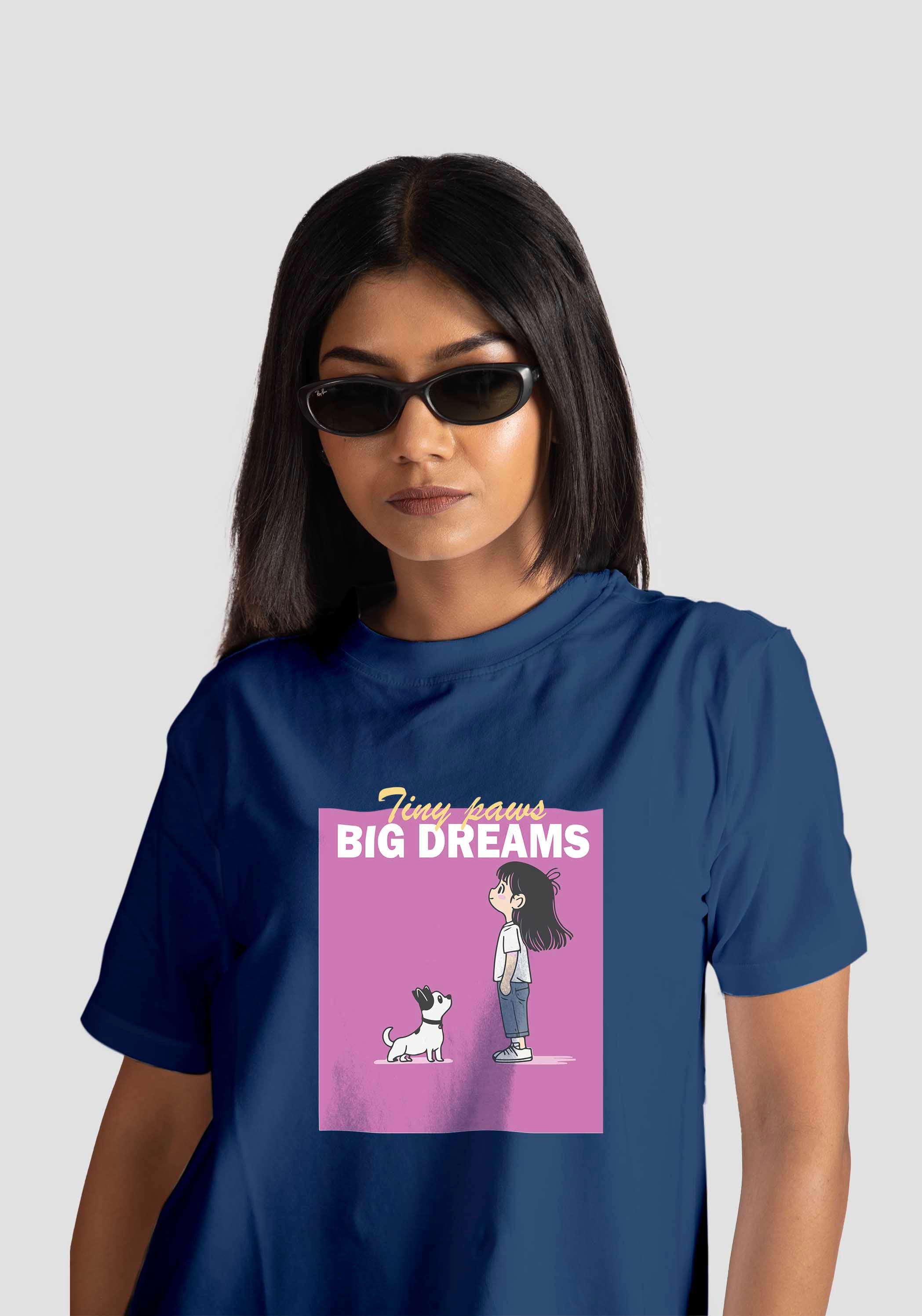 Stylera cute print blue t-shirt for women with girl and dog graphic and big dreams text