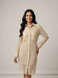 Women’s Beige Sheer Mesh Shirt Dress with Faux Leather Details