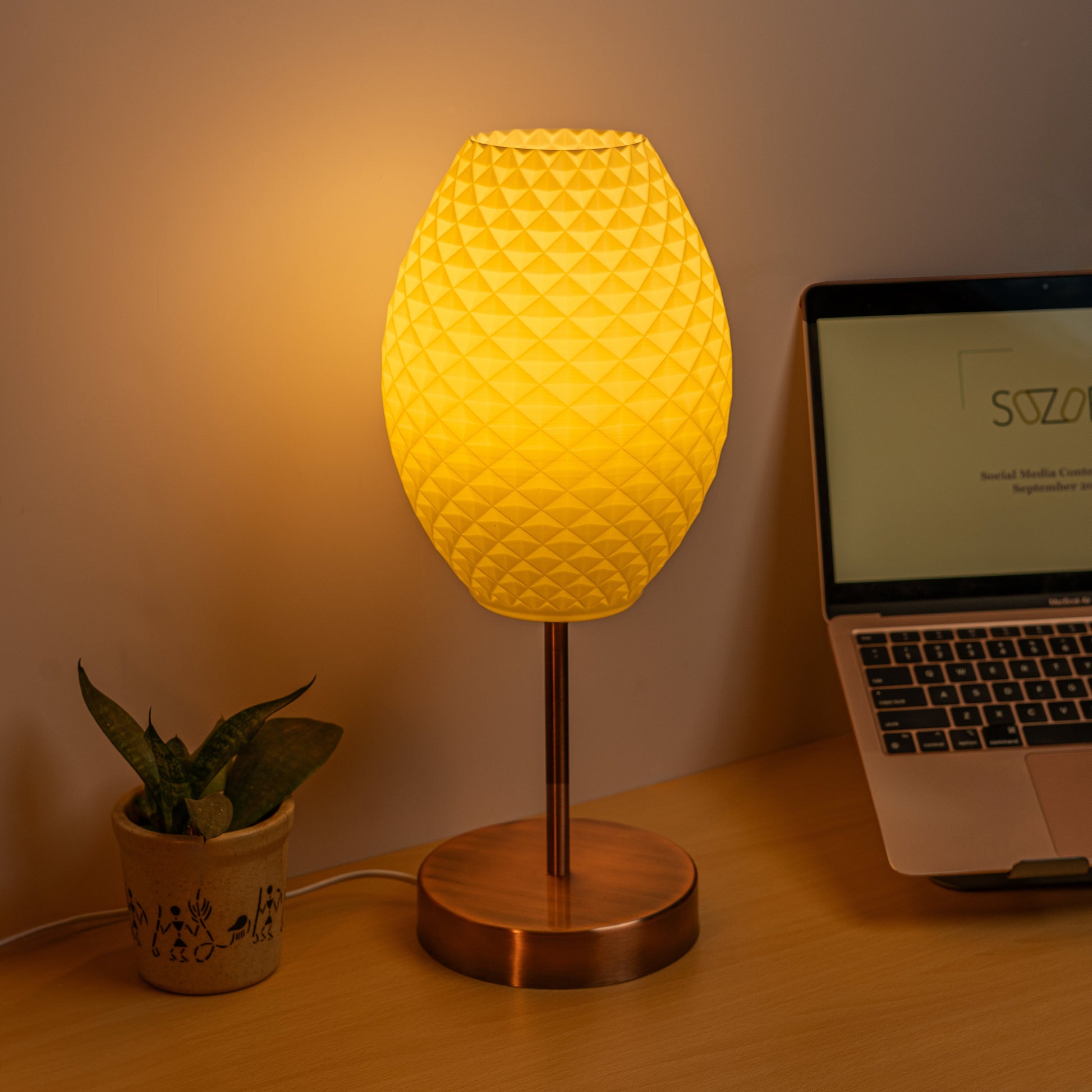 Sozori decorative desk lighting for study with a stylish yellow lamp and laptop on a wooden desk