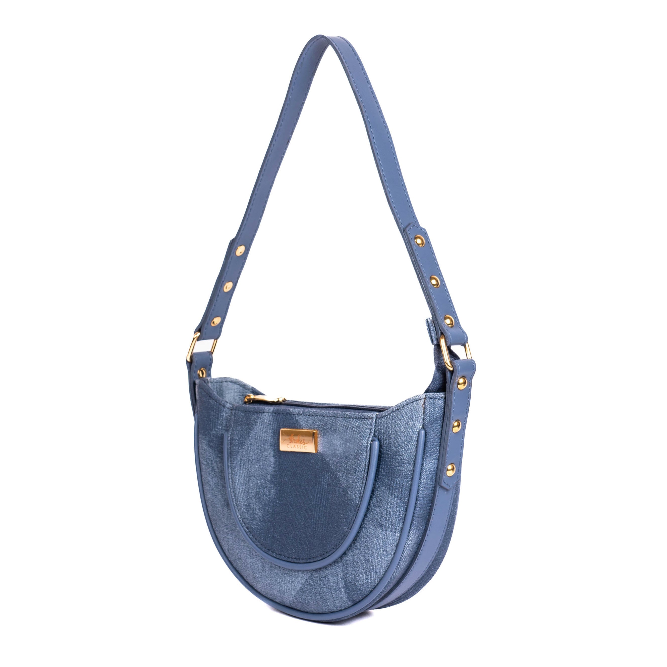 Stylish denim hobo bag by Stylera featuring a curved design and gold accents