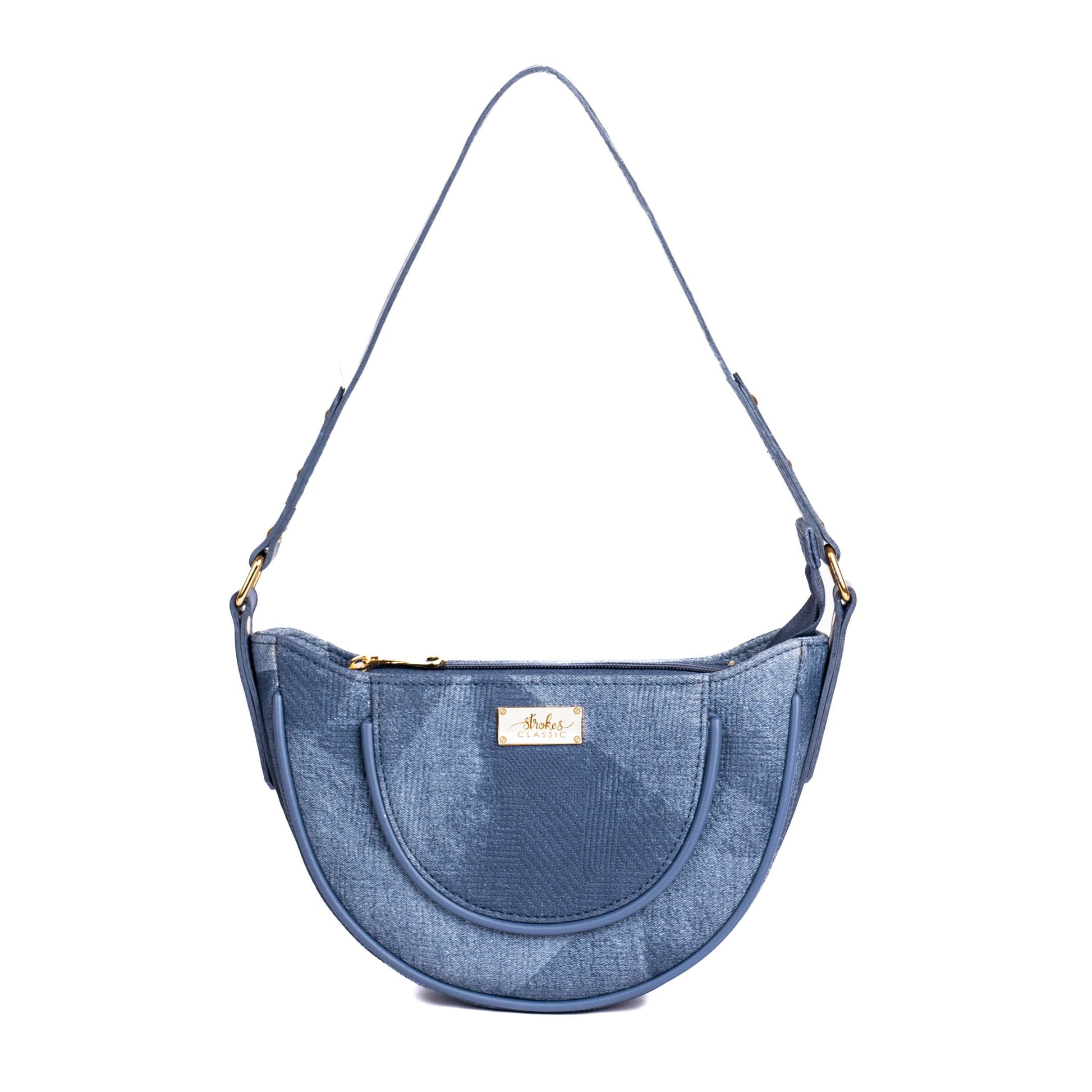 Stylera denim hobo bag with a stylish curved design and gold accents
