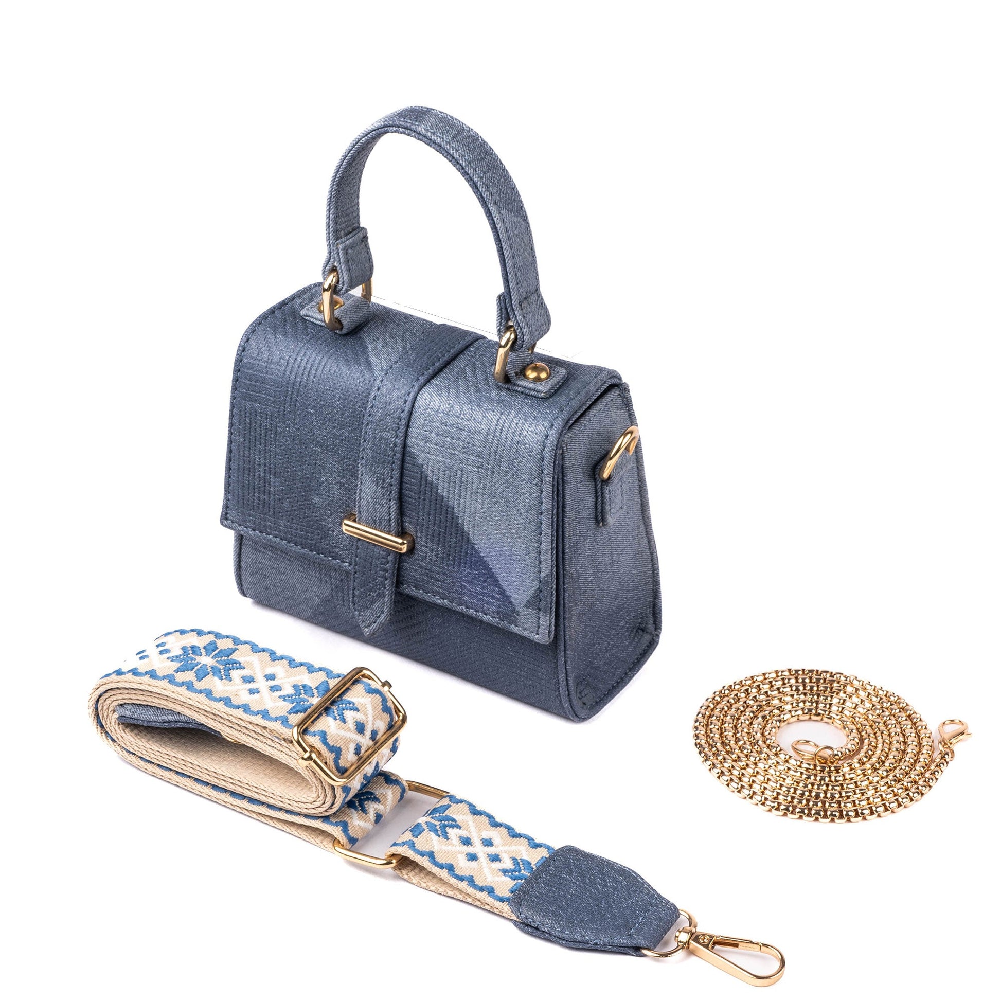 Stylish denim mini sling bag with a detachable strap and chic gold accents
