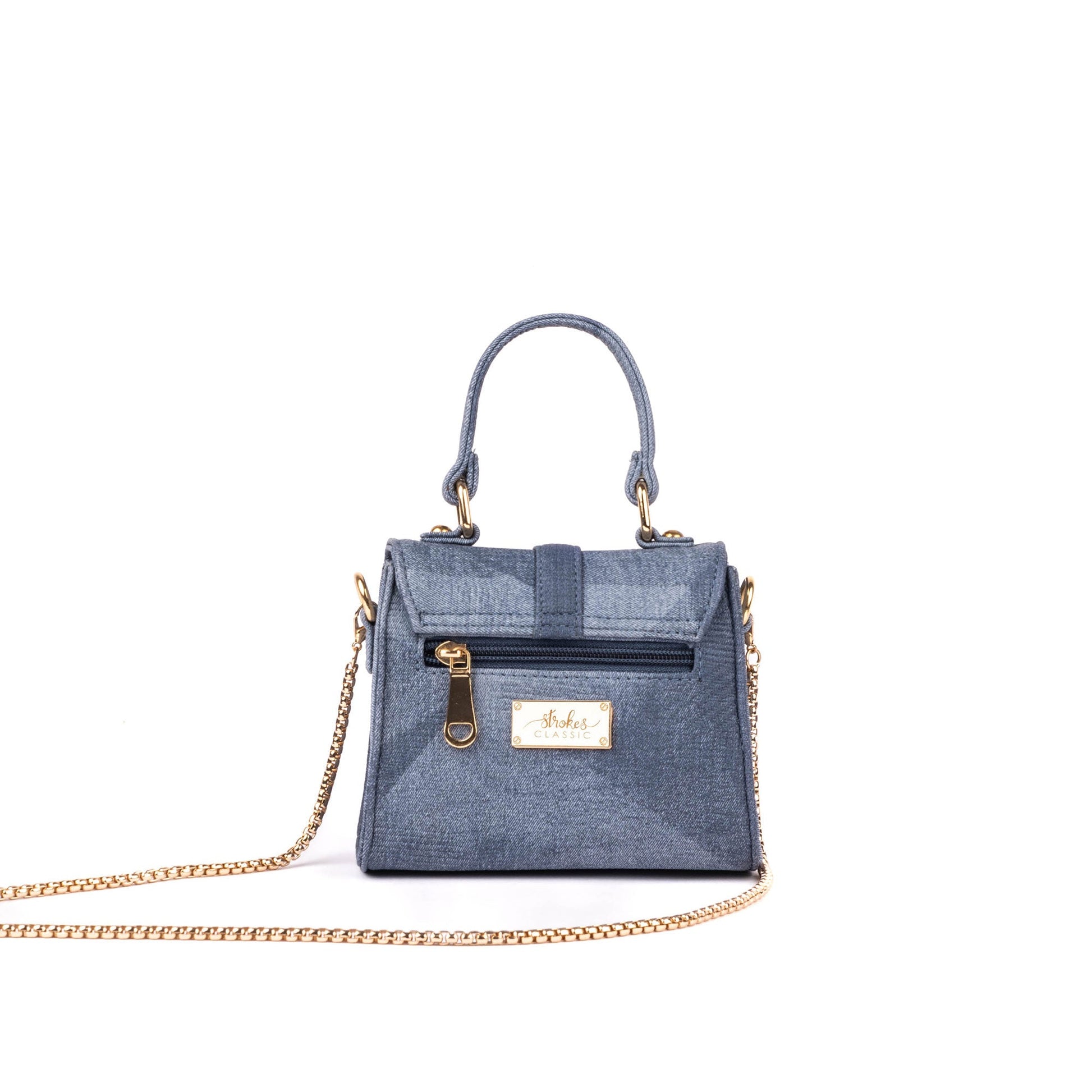 Stylish denim mini sling bag by Stylera featuring a chic design and gold accents
