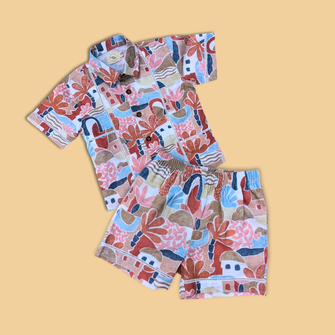 Stylera desert print shirt and shorts set in vibrant colors and playful patterns for summer wear