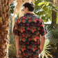 Back view of a designer animal print shirt for men featuring vibrant tropical patterns and colors