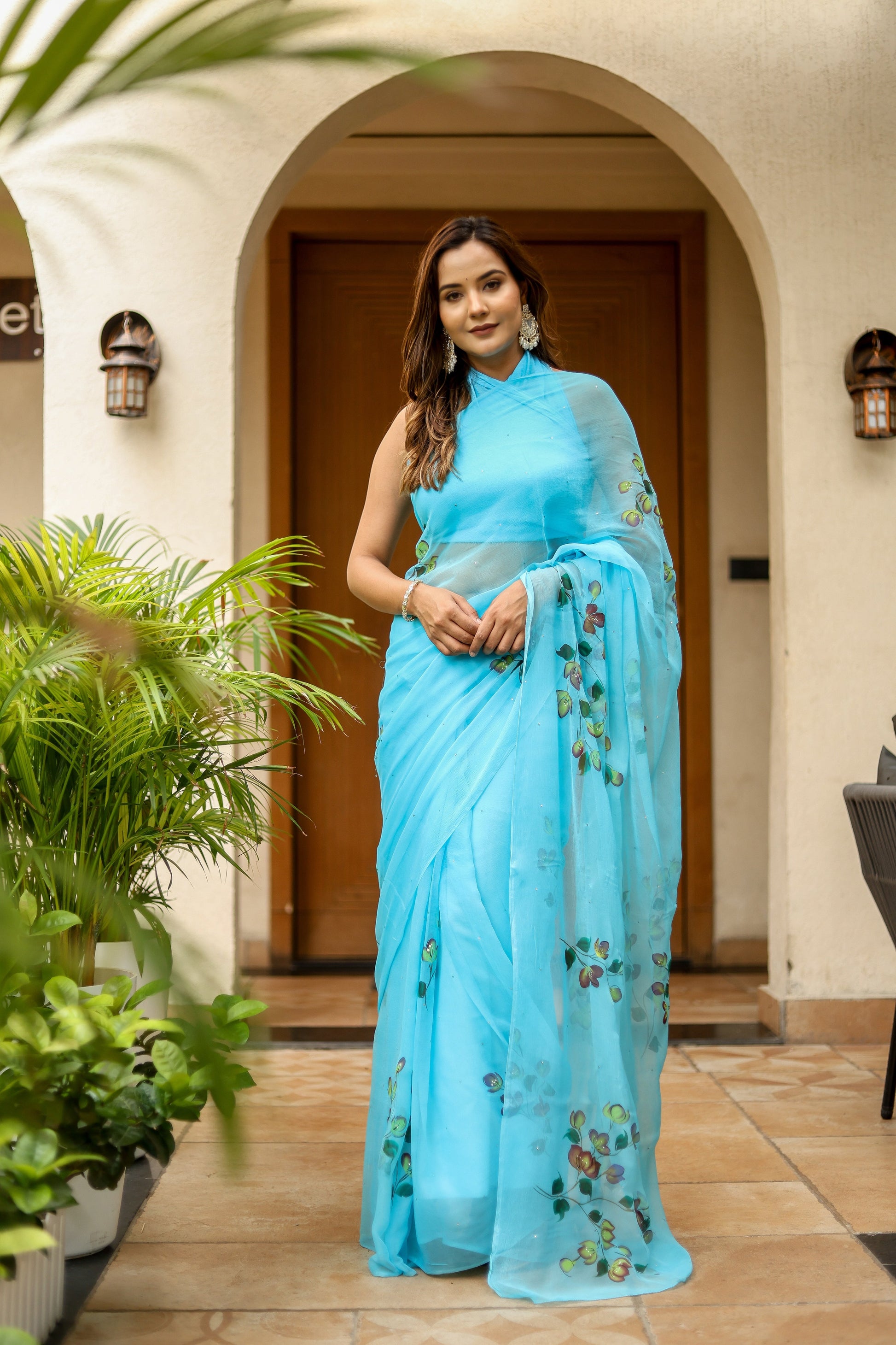 Elegant designer blue saree for women with floral embroidery, perfect for special occasions