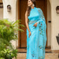 Elegant Stylera designer blue saree for women with floral embroidery and sheer fabric