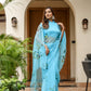 Elegant designer blue saree for women with floral embroidery, perfect for festive occasions