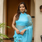 Elegant designer blue saree for women with floral embroidery and a flowing design