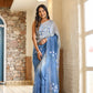 Elegant designer blue saree for women with floral embroidery, perfect for special occasions.