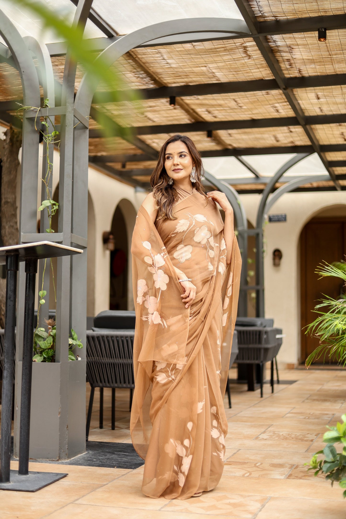 Elegant Stylera designer brown saree for women with floral embroidery, perfect for formal occasions