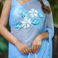 DiraByDimple designer chiffon saree with floral painting in light blue featuring elegant floral details