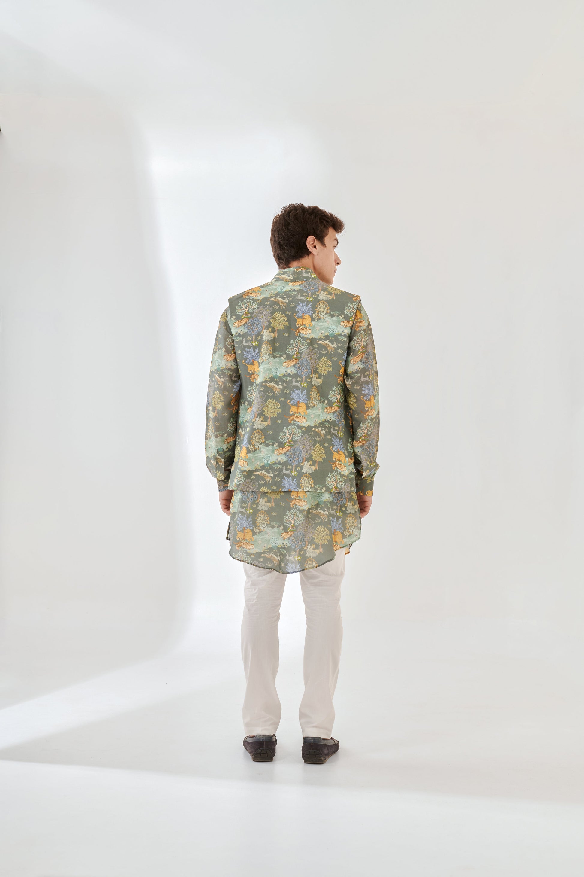 Stylish designer ethnic kurta bandi for men in floral print, showcasing the back view