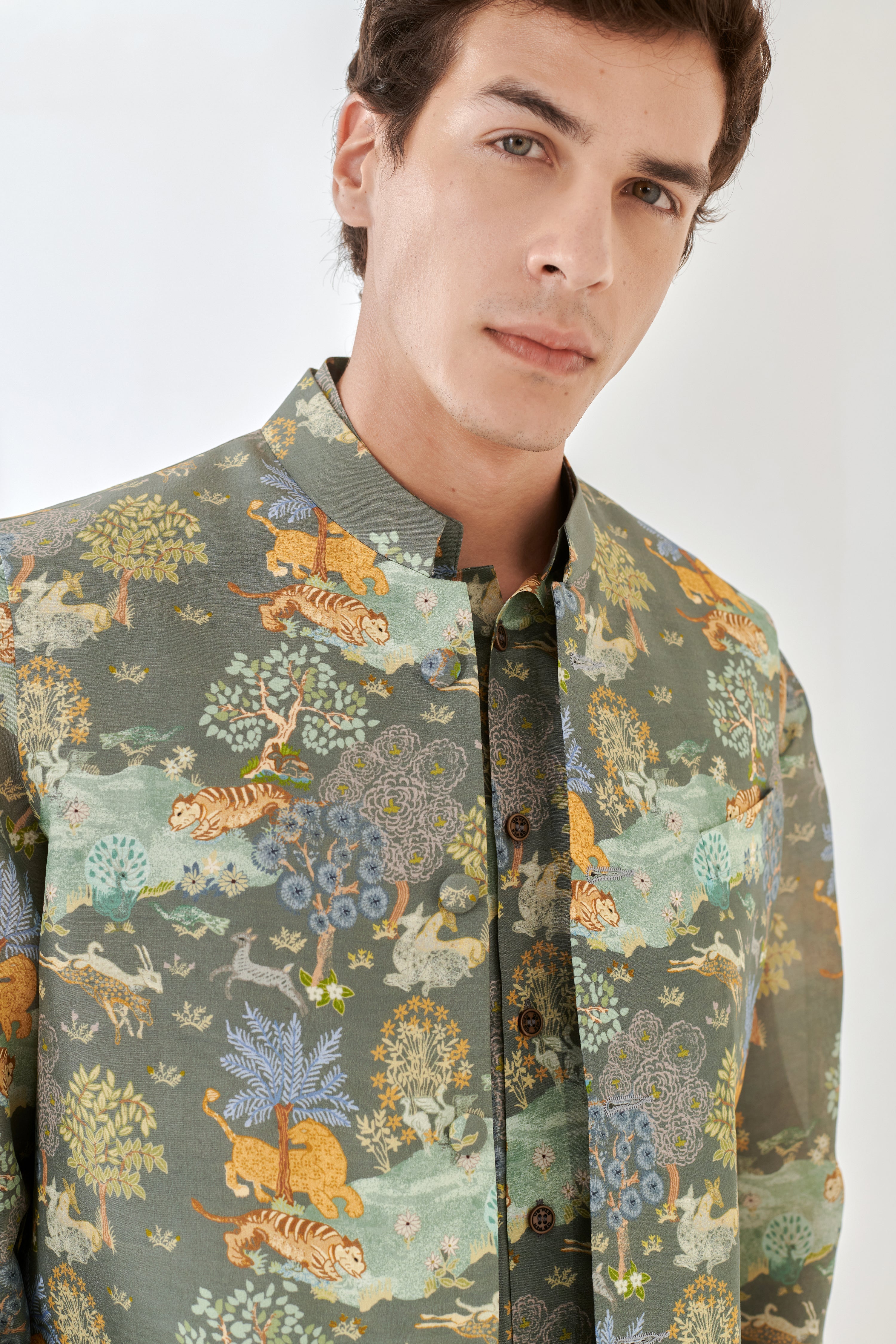 Stylera designer ethnic kurta bandi for men featuring a unique green tiger print design.