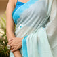 Elegant Stylera designer handpainted saree for parties in a soft blue and white color
