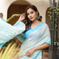 Elegant Stylera designer handpainted saree for parties in blue and white with floral designs
