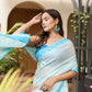 Elegant Stylera designer handpainted saree for parties in soft blue with floral details