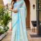 Stylera designer handpainted saree for parties with delicate floral designs in light blue tones