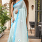 Elegant Stylera designer handpainted saree for parties in soft blue with floral motifs