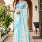 Elegant Stylera designer handpainted saree for parties in light blue with floral embroidery