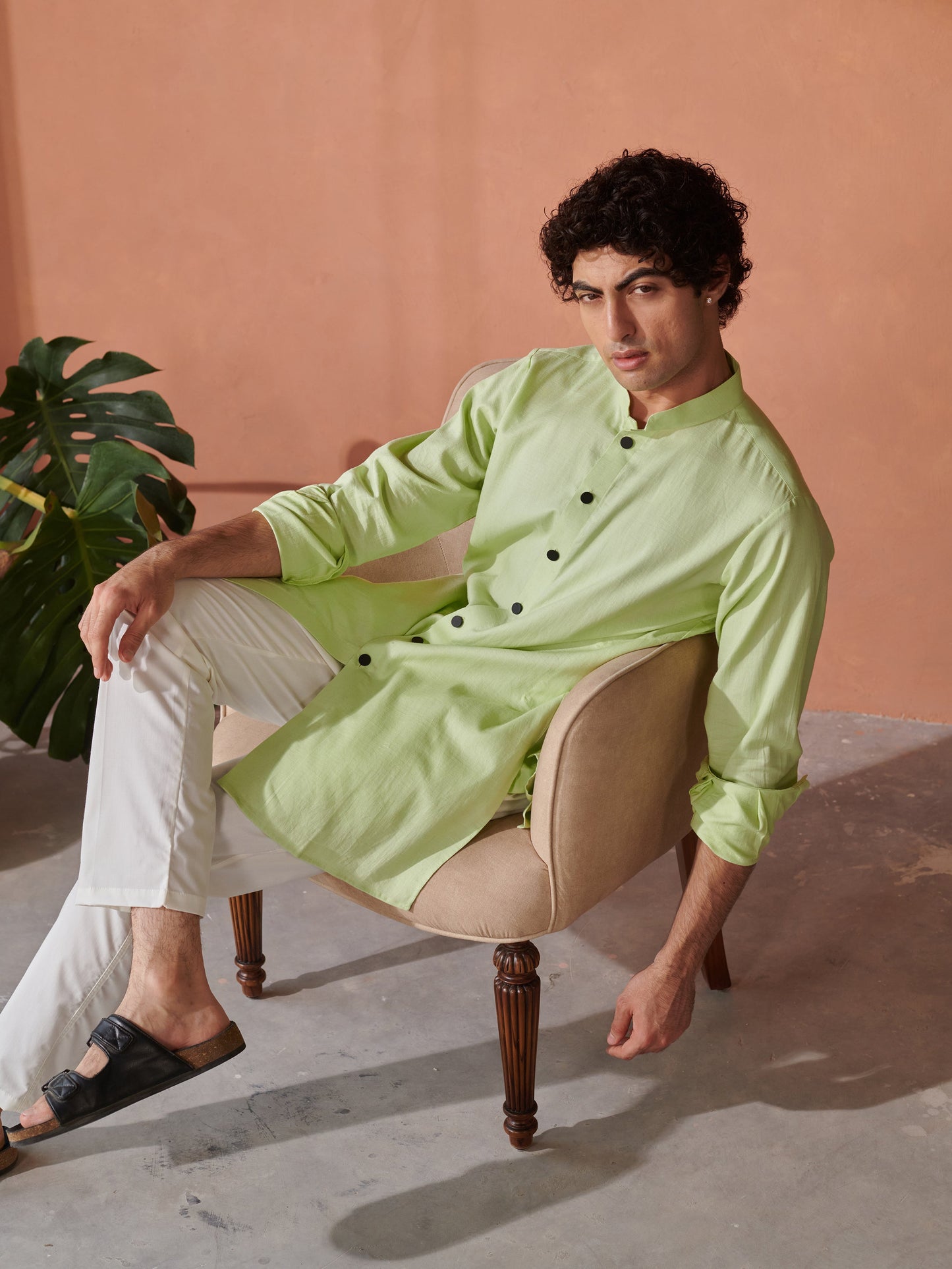Lime Green Stylera Designer Kurta for Men with Button Detail, Perfect for Casual or Festive Wear