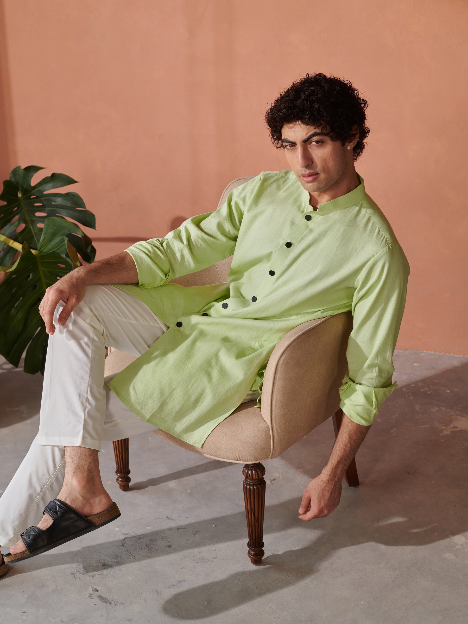 Lime Green Stylera Designer Kurta for Men with Button Detail, Perfect for Casual or Festive Wear