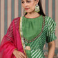 Elegant designer lehriya dress for women in green with stylish puff sleeves and pink dupatta