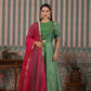 Elegant designer lehriya dress for women featuring a green and pink color scheme with flowing style