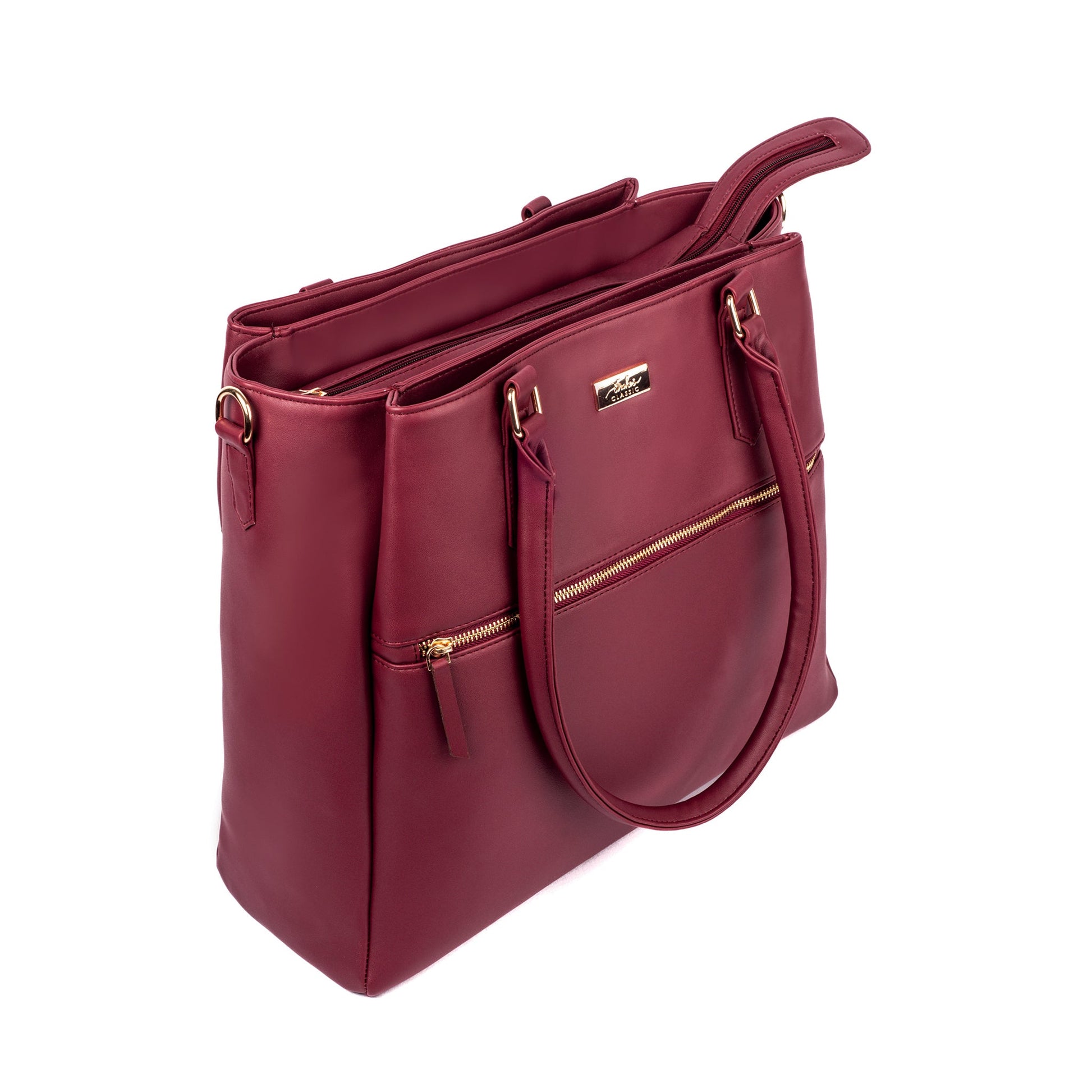 Aspire tote bag in maroon from Stylera, a stylish designer maroon handbag.