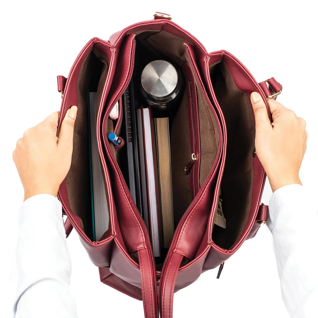 Aspire tote bag in maroon, spacious interior with organized compartments, ideal for a designer maroon handbag
