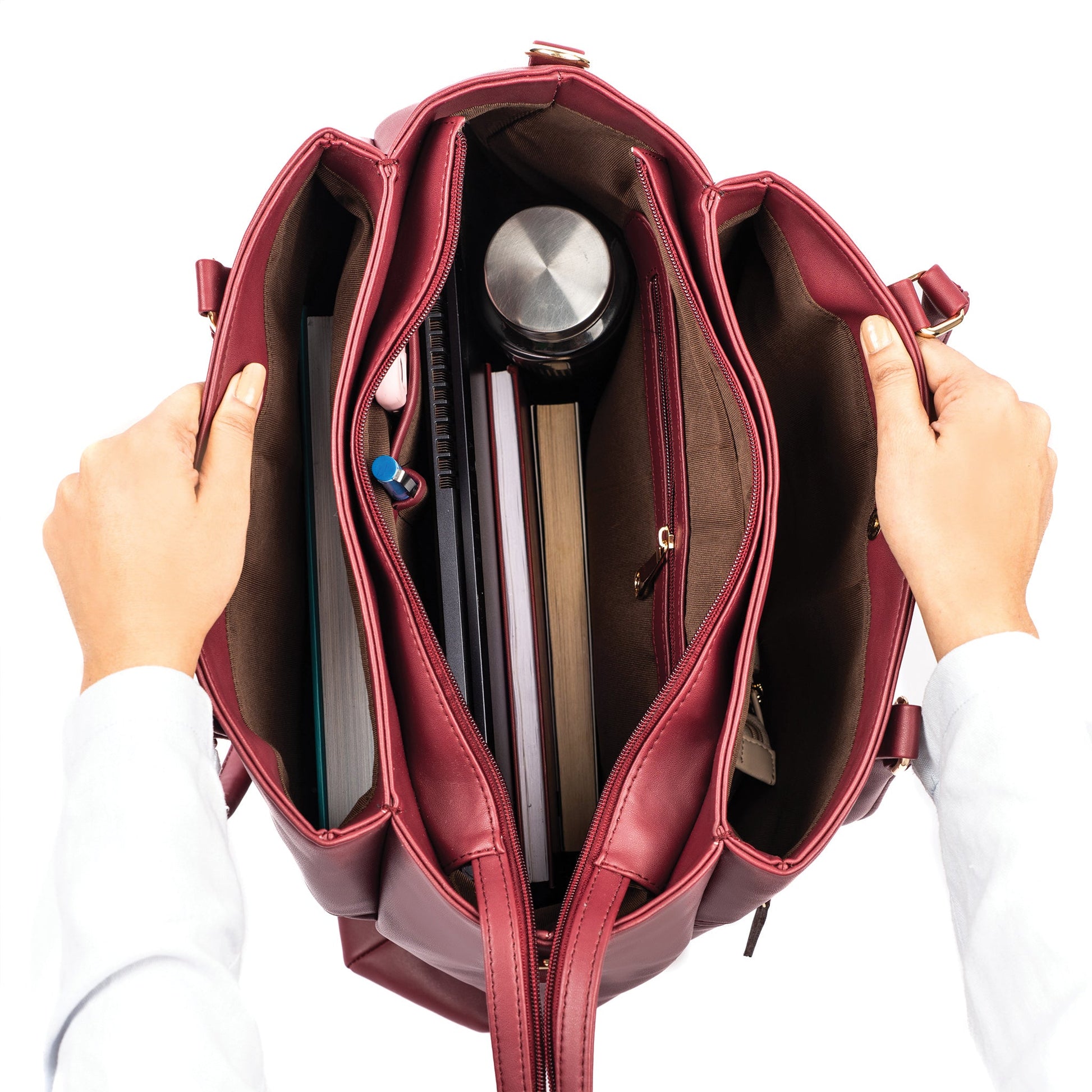 Aspire tote bag in maroon, spacious interior with organized compartments, ideal for a designer maroon handbag