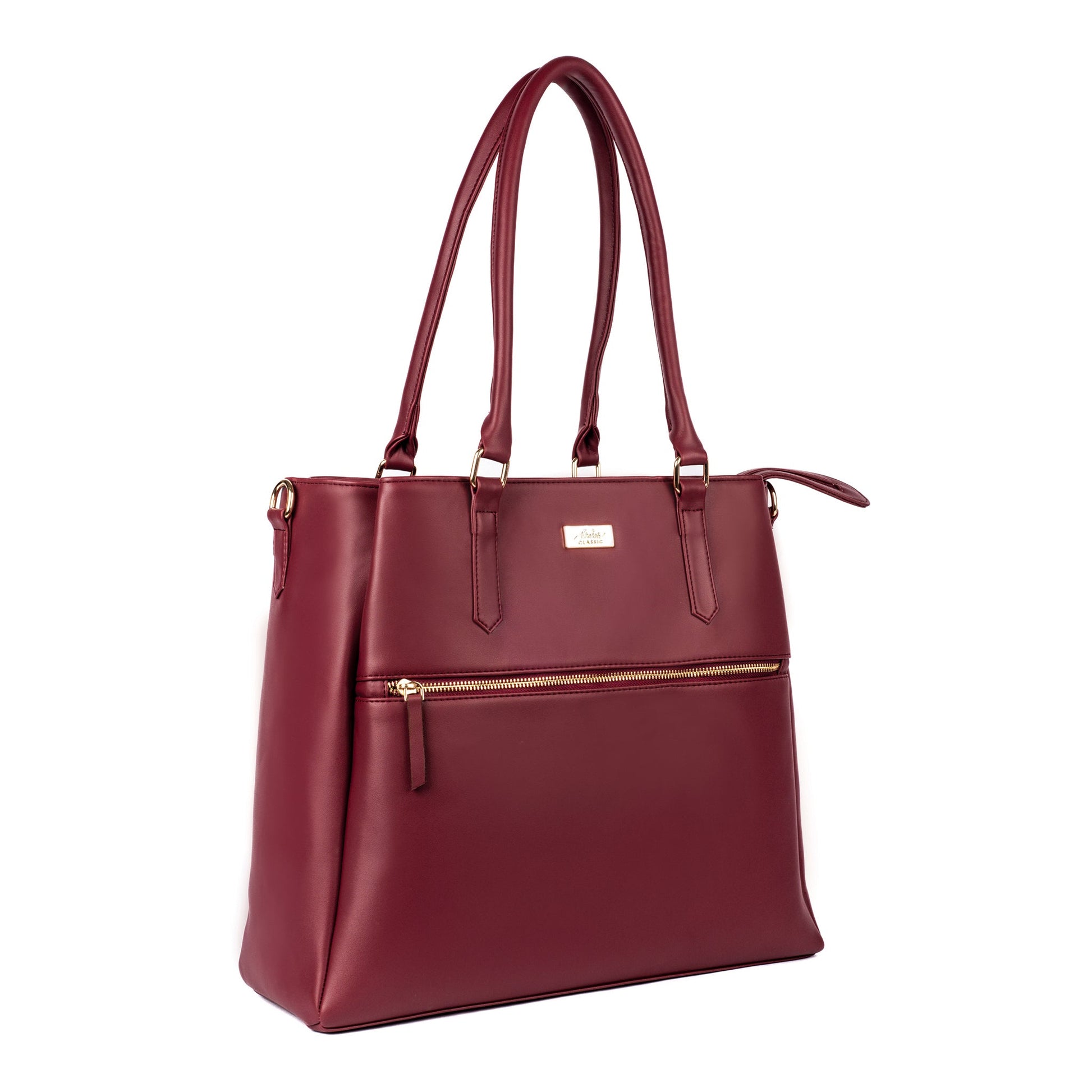 Aspire tote bag in burgundy leather, stylish and spacious designer maroon handbag for everyday use