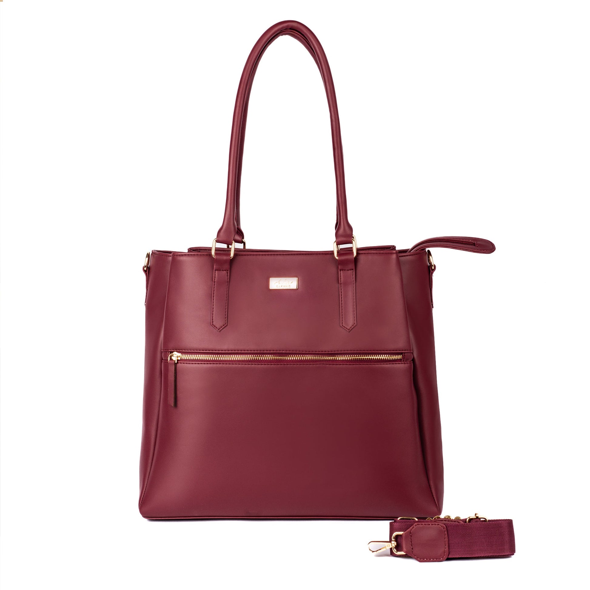 Aspire tote bag in maroon by Stylera, a stylish designer maroon handbag with a detachable strap.