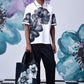 Mens floral polo shirt by Stylera in white with black floral prints and matching tote bag