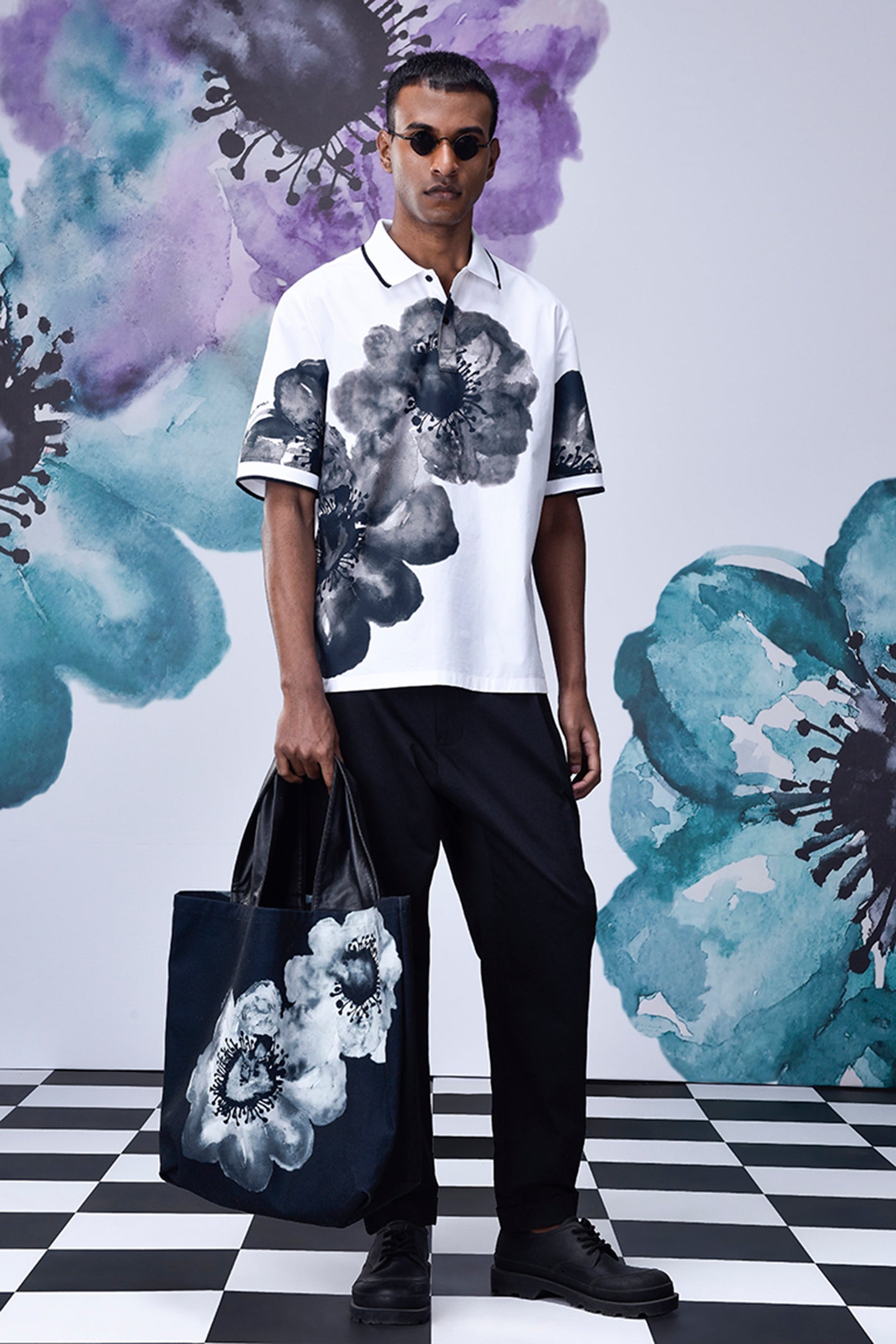 Mens floral polo shirt by Stylera in white with black floral prints and matching tote bag